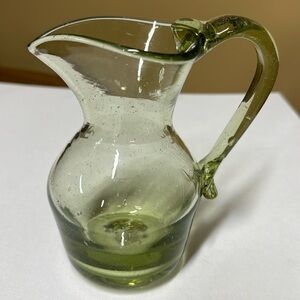 Jamestown Virginia Green Blown Glass Pitcher Applied Handle 5.75” tall